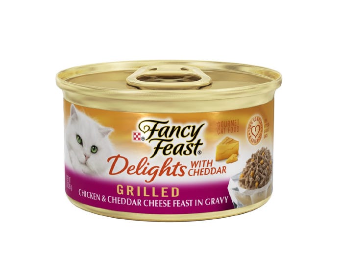 Purina Fancy Feast Delights with Cheddar Grilled Chicken  Cheddar Cheese Feast in Gravy Wet Cat Food， 3 oz. Can