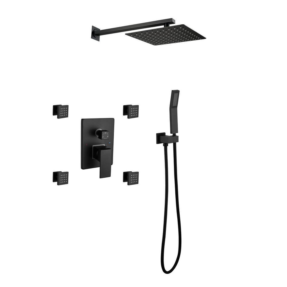 Satico Modern 4-Body Jet Shower Kit 3-Spray 10 in. Square Rain Shower Head with Hand Shower in Matt Black (Valve Included) BM01115B