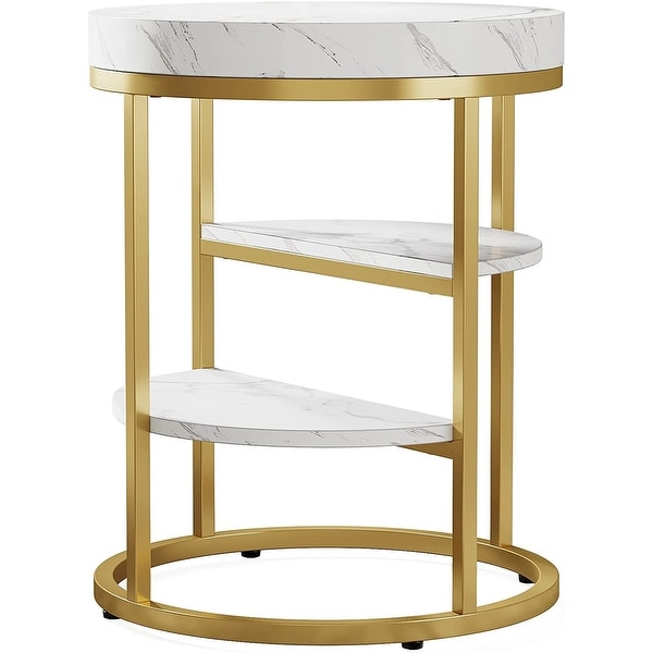 Round End Table White Gold Nightstand Modern Bedside Table for Bedroom