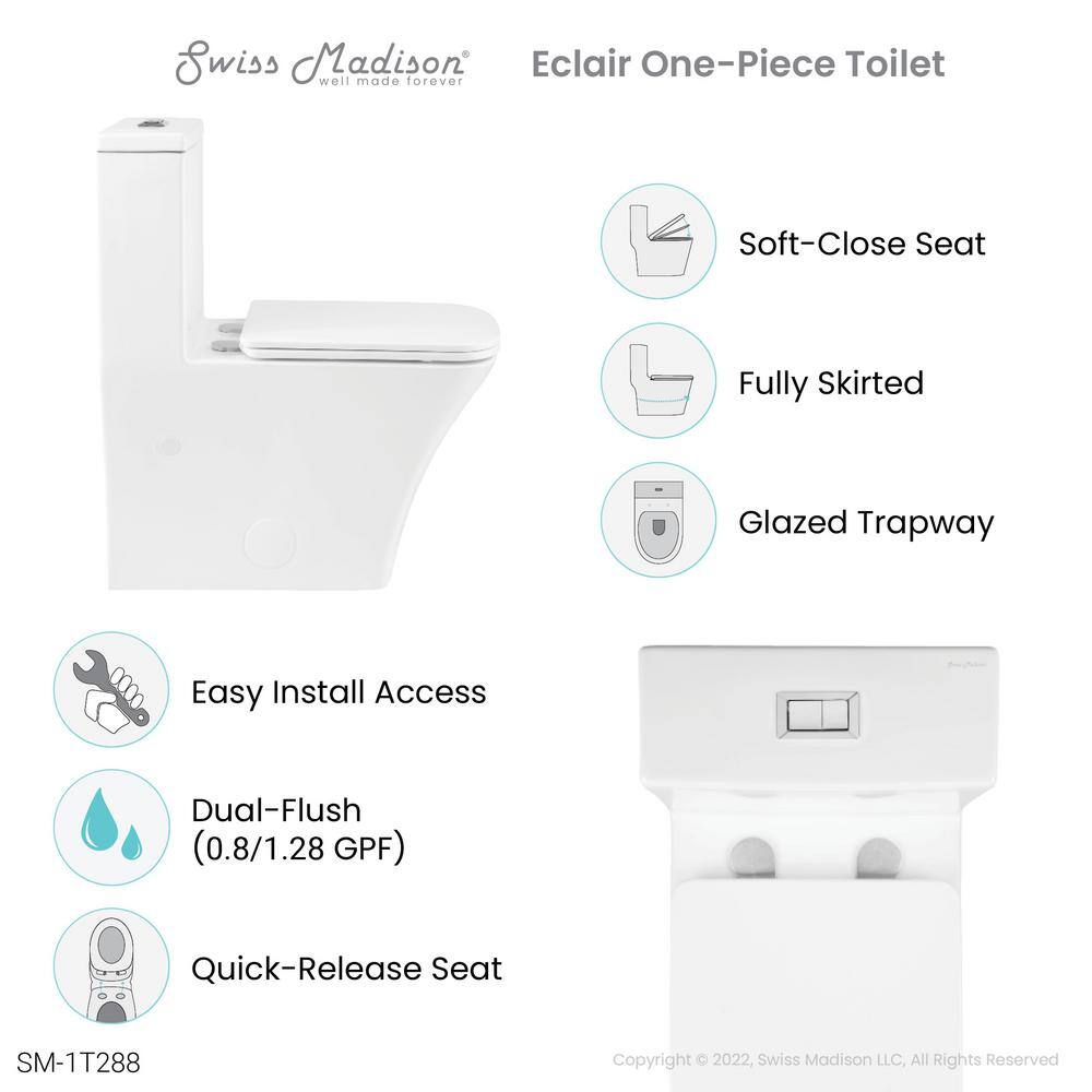 Swiss Madison Eclair One-Piece 0.81.28 GPF Dual Flush Square Toilet in Glossy White Seat Included SM-1T288