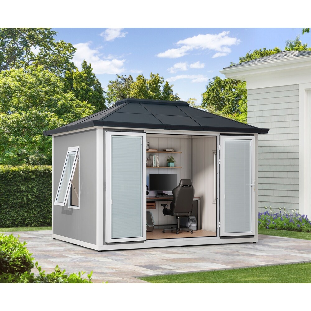 Sunjoy Outdoor Beyond Shed  Backyard Office  Multipurpose Outdoor Room  Home Gym with Floor  2 Windows  and Lockable Doors