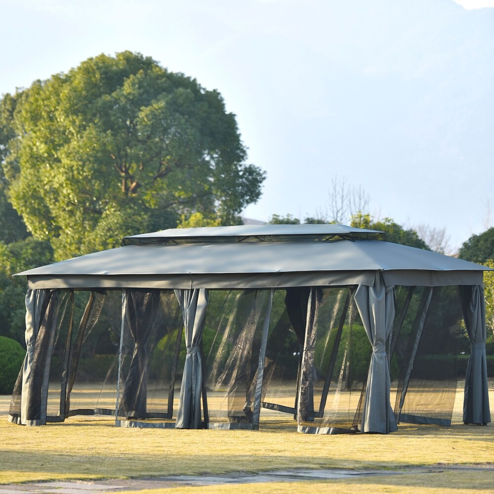 Gray 9 x 18 ft Oxford Cloth Gazebo with Double Top  Mosquito Nets  UV Proof