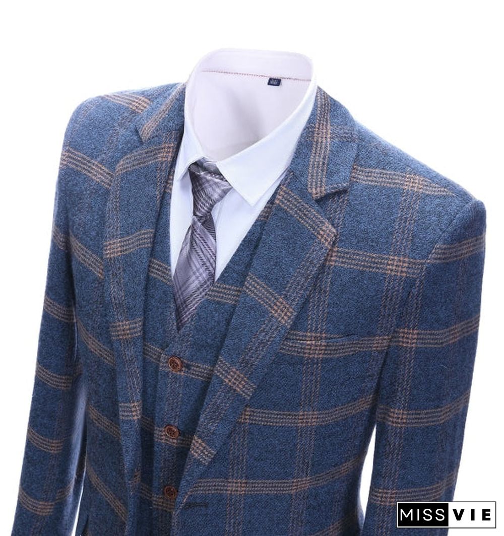 Men's Business 3 Pieces Formal Royal Blue Plaid Tweed Notch Lapel Suit (Blazer+vest+Pants)