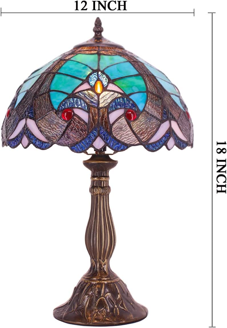 SHADY Tiffany Style Lamp Green Liaison Stained Glass Bedside Table Lamp Reading Desk Light 12X12X18 Inches Decor Nightstand Bedroom Living Room Home Office S160G Series