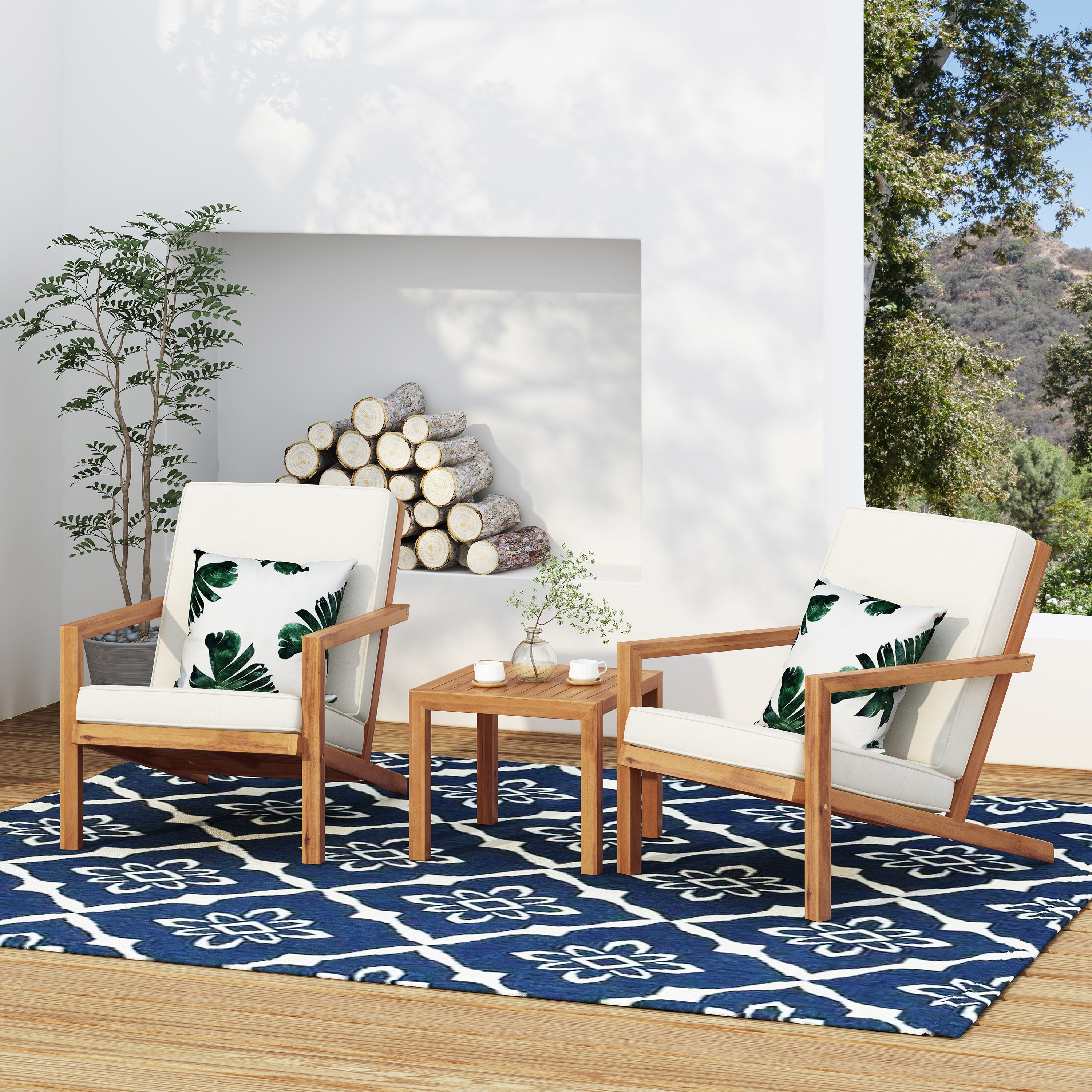 Ludwig Outdoor Acacia Wood 3 Piece Chat Set with Cushions