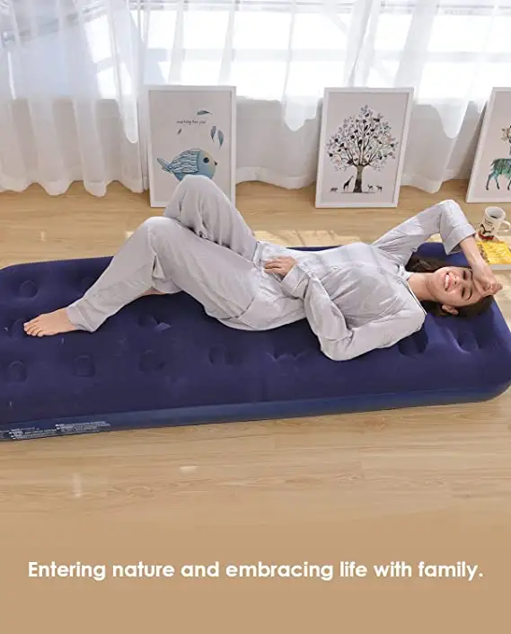 JEAOUIA Single Size Air Mattress with Pump for Inflatable   Portable Blue Blow Up Mattresses with Flocked top   Double Foldable