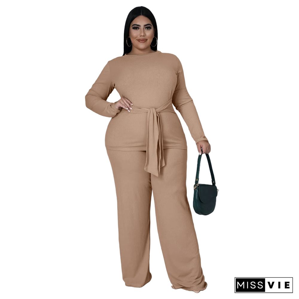 Knitted Bandage T Shirt Wide Leg Pants Plus Size Set