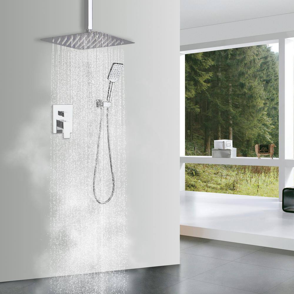 Mondawe Mondawell Square 3-Spray Patterns 12 in. Ceiling Mount Rain Dual Shower Heads with Handheld and Valve in Chrome MA-D98105CP