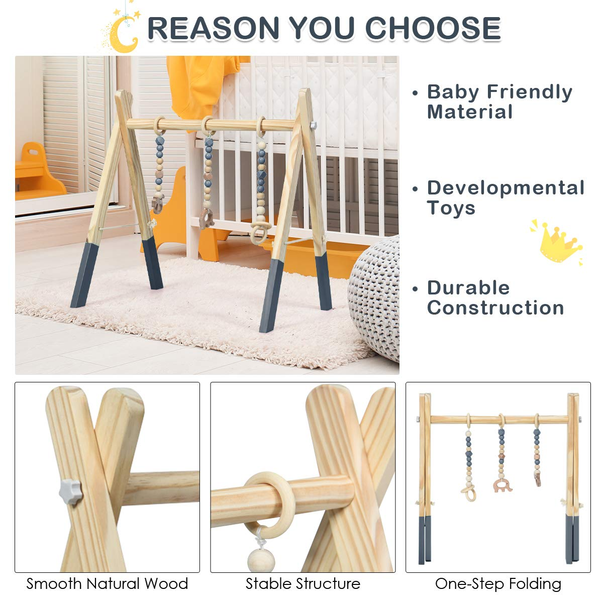 BABY JOY Portable Wooden Baby Gym, Foldable Baby Play Gym Frame with 3 Wooden Baby Teething Toys