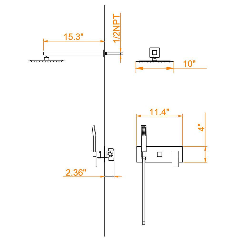 Satico Double Handle 2-Spray 10 in. Square Shower Faucet with Rain Shower Head 1.8GPM in Matte Black MBSS0021RB