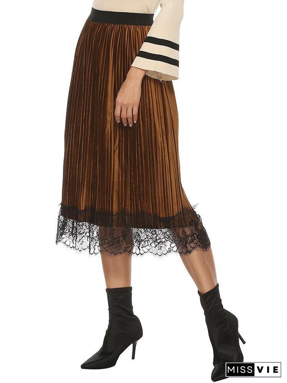 Fashion Pleated Lace Joint Velvet Skirt