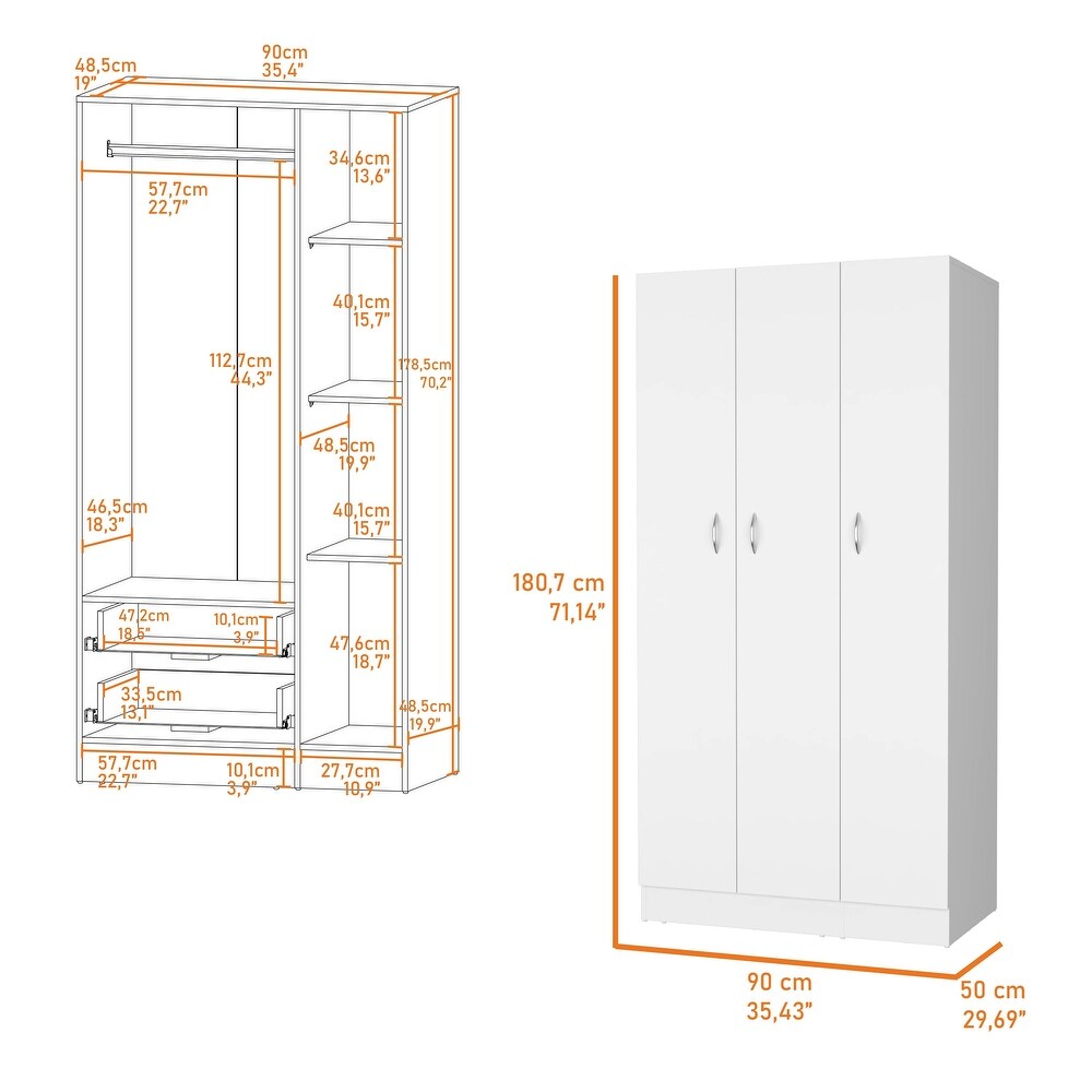 Declan White 3 Door Wardrobe Cabinet Armoire with Storage Shelves and Hanging Rod