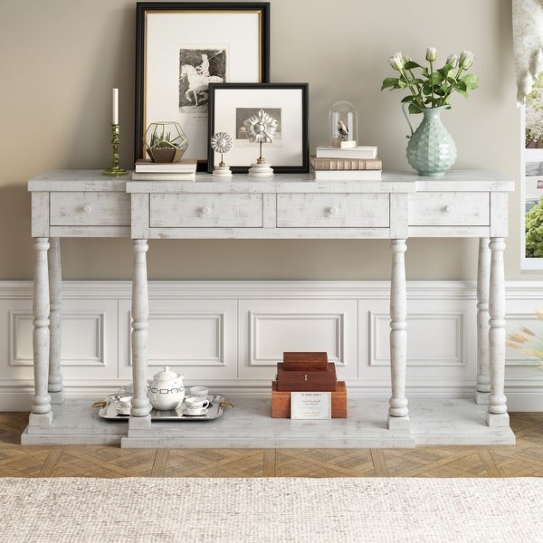 Retro Senior Console Table with 4 Front Facing Storage Drawers and a Shelf， Entryway Table for Entryway， Hallway， Living Room