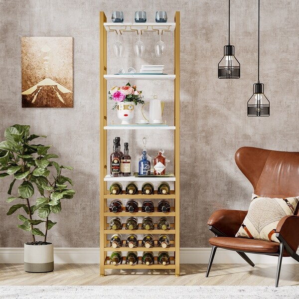 20 Bottle Freestanding Floor Wine Rack， 9 Tier Floor Liquor Cabinet with Glass Holder and Storage Shelves