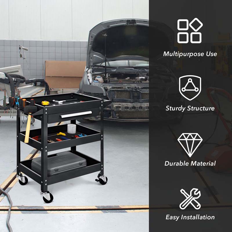 3 Tier Rolling Tool Cart Organizer, 330 lbs Industrial Service Cart Heavy Duty Utility Cart with Storage Drawer