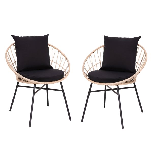 Devon Set of 2 Indoor/Outdoor Modern Papasan Patio Chairs， Rope with Tan Finish PE Wicker Rattan and Black Cushions