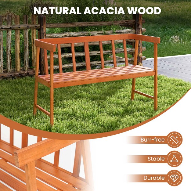 Costway Patio Acacia Wood Bench 2 person Slatted Seat Backrest 800 Lbs Natural Outdoor