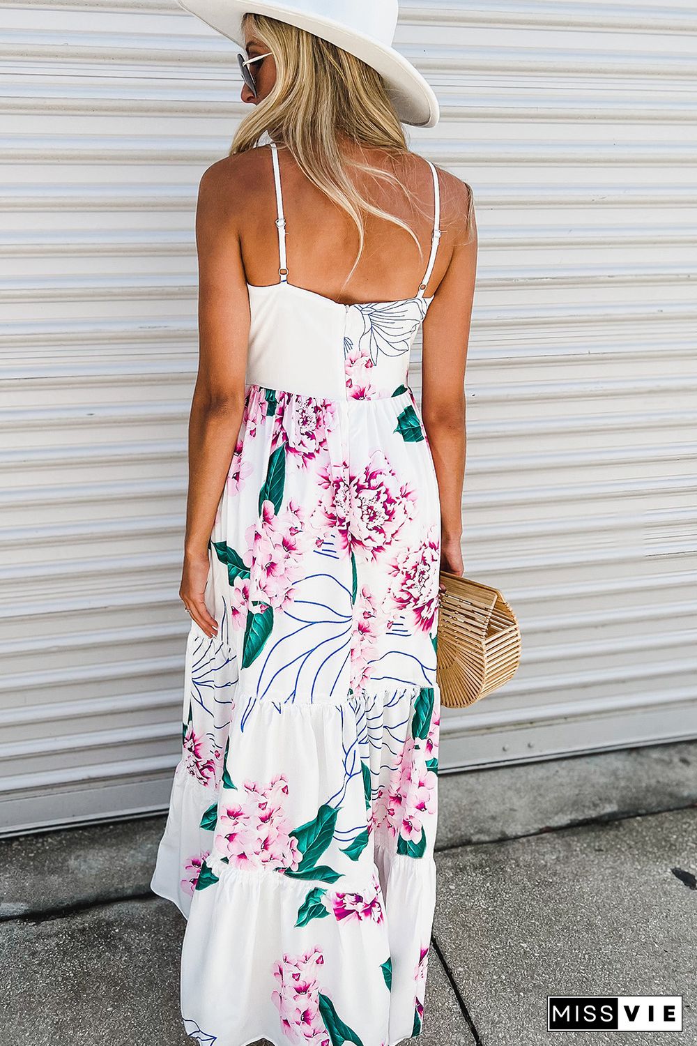 White Floral Twist Cutout Adjustable Straps Maxi Dress