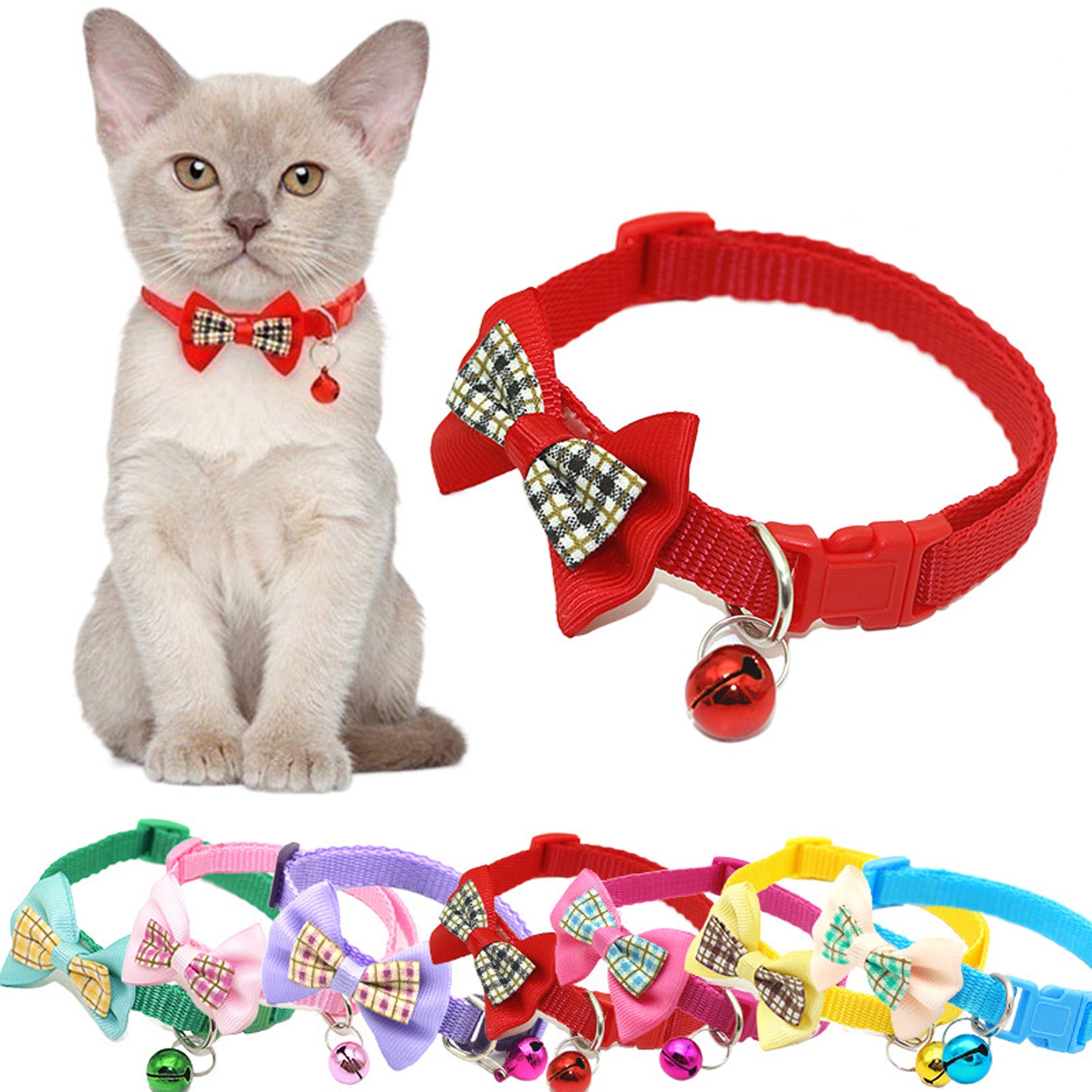 CHBORLESS 2 Pcs Nylon Cat Collar with Bell Bow Tie Flower Adjustable Puppy Kitten Collar，Red