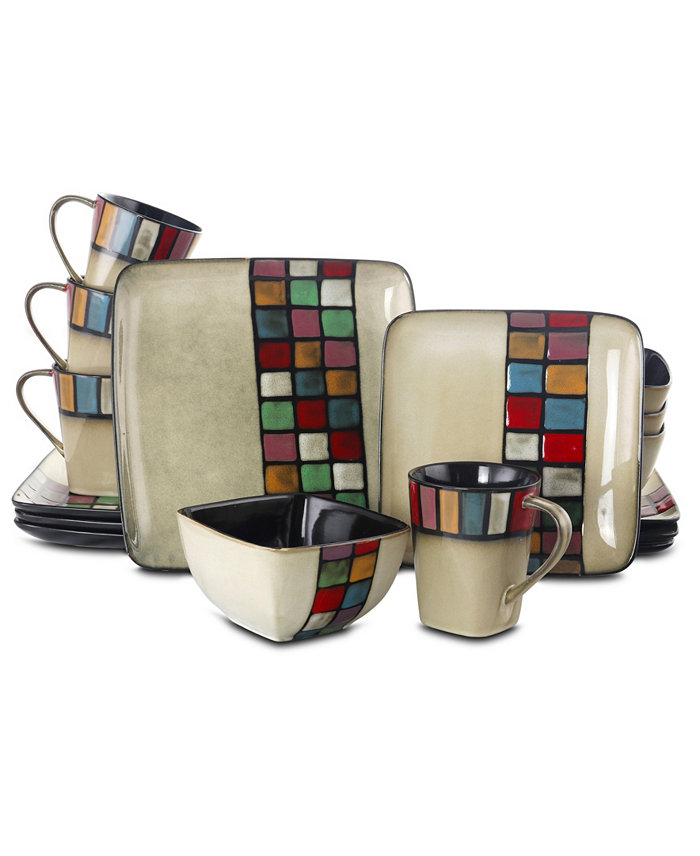 Elama Grace 16 Piece Multicolored Square Stoneware Dinnerware Set Service for 4