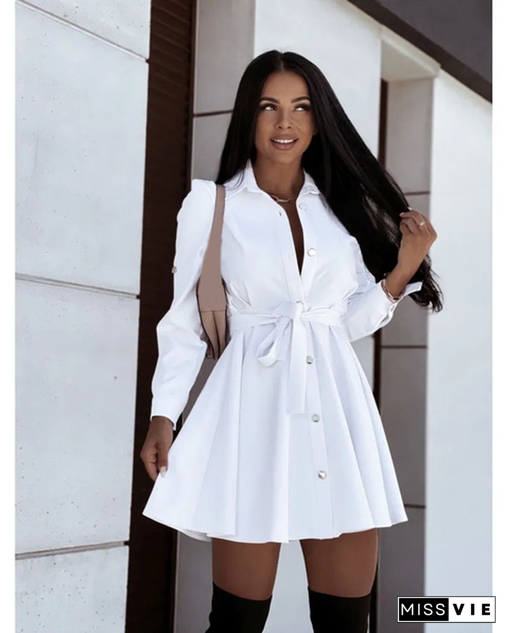 Turn-down Collar Long Sleeves Buttons Shirt Dress Women Fashion Collect Waist A Line Dress Elegant Ladies Dresses