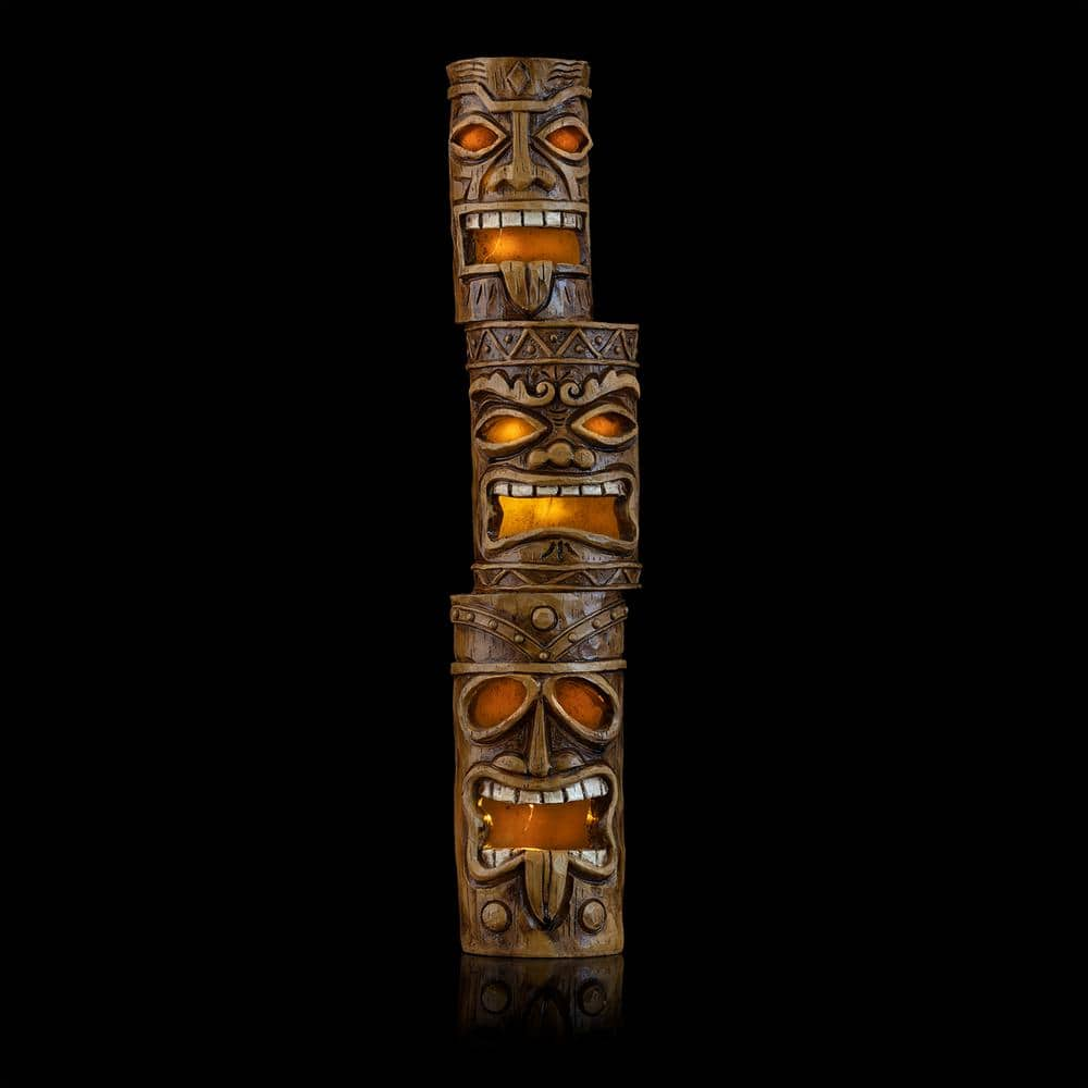 Alpine Corporation 19 in. Tall Outdoor 3-Tier Tiki Totem Statue with Solar LED Lights Yard Decoration WQA826SLR-DBR