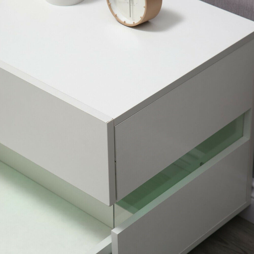 Oukaning White Bedside End Table Nightstand 2 Drawers w/ Multi-Colour LED Backlight