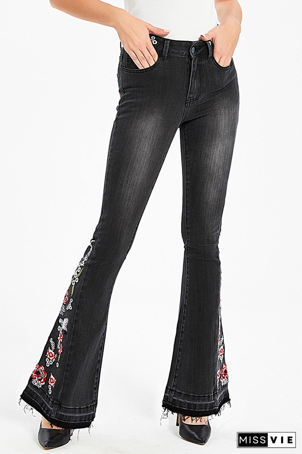 Black Bleach Embroidered Side Bell Bottom Flared Jeans Wholesale Boutique