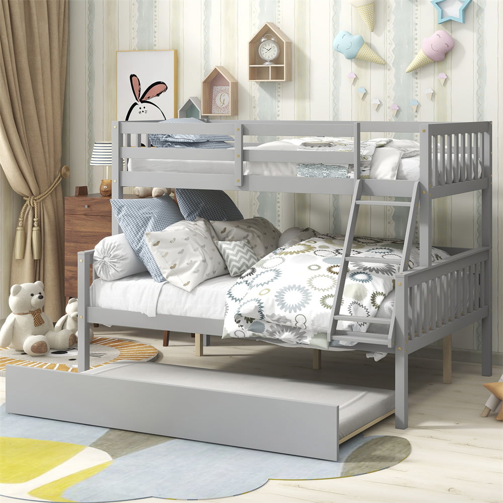 Twin Over Full Bunk Bed with Trundle, Wood Bed Frame with Ladder and Safety Rails for Kids, Teens, Adults, Gray