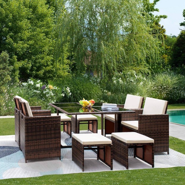 9pc Outdoor Conversation Set With Tempered Glass Table Cushioned Chairs amp Ottomans Devoko