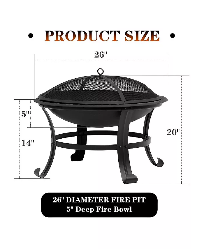 SUGIFT 26 Outdoor All-Season Portable Steel Fire Pits Fire Places with Spark Screen Barbecue Net Poke