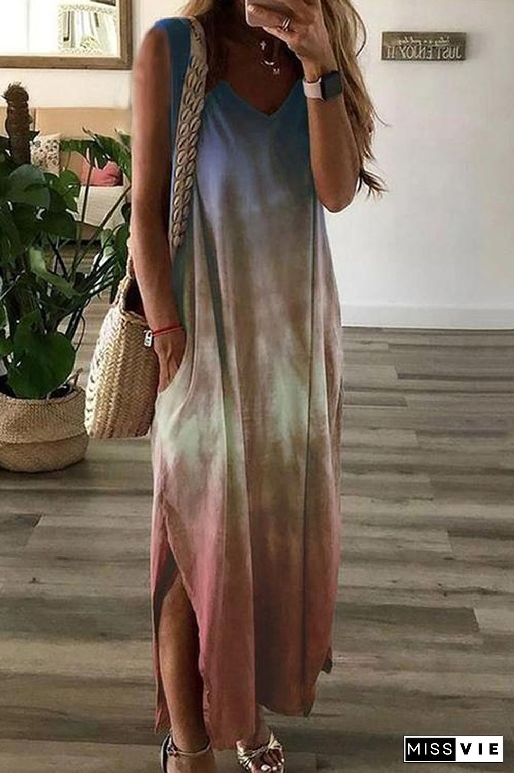 Gradient V Neck Pockets Slit Maxi Dress