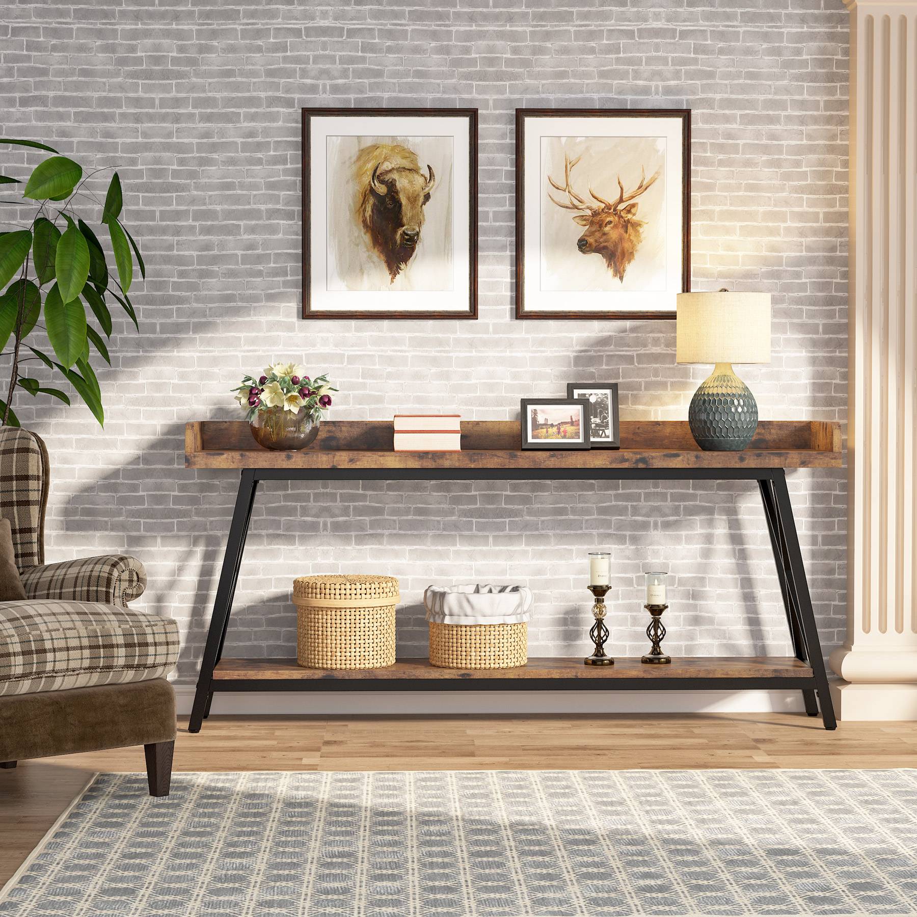 Industrial Console Table, 2-Tier Narrow Sofa Table Behind Couch