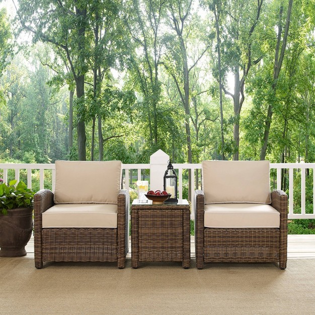 Bradenton 3pc Outdoor Wicker Seating Set With Two Chairs amp Side Table Sand Crosley