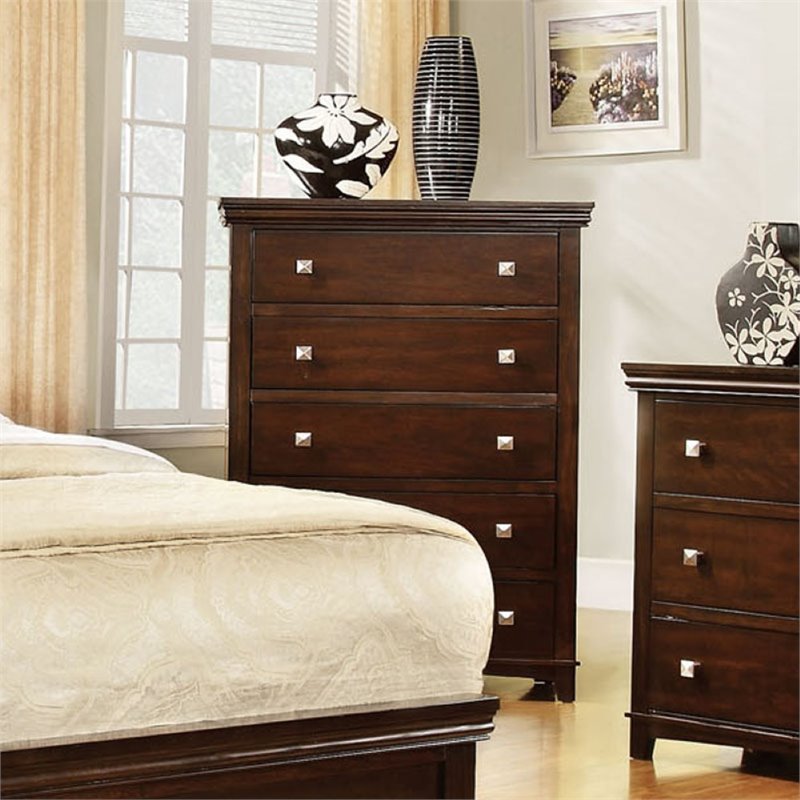 Furniture of America Brighton Transitional Solid Wood 5-Drawer Chest in Cherry