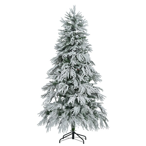 Roomfitters 6 ft PreLit Spruce Snow Flocked Christmas Tree，Hinged Artificial Tree with 300 MultiColor LED Lights