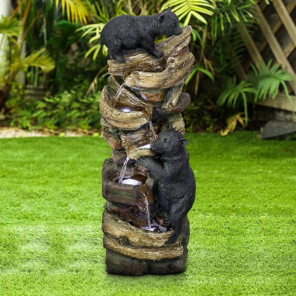 39.3in Tall Outdoor Water Fountain Resin Bear Patio Waterfall Fountain for Garden， Deck， Patio， Porch， Yard and Home Art Decor