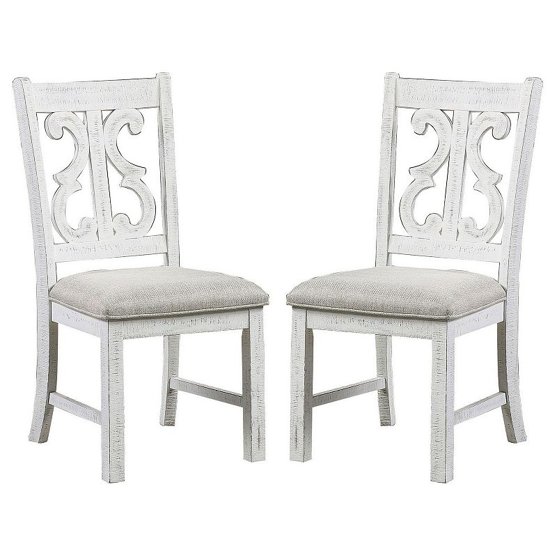 Open Scroll Back Wooden Side Chair with Padded Seat， Set of 2， White