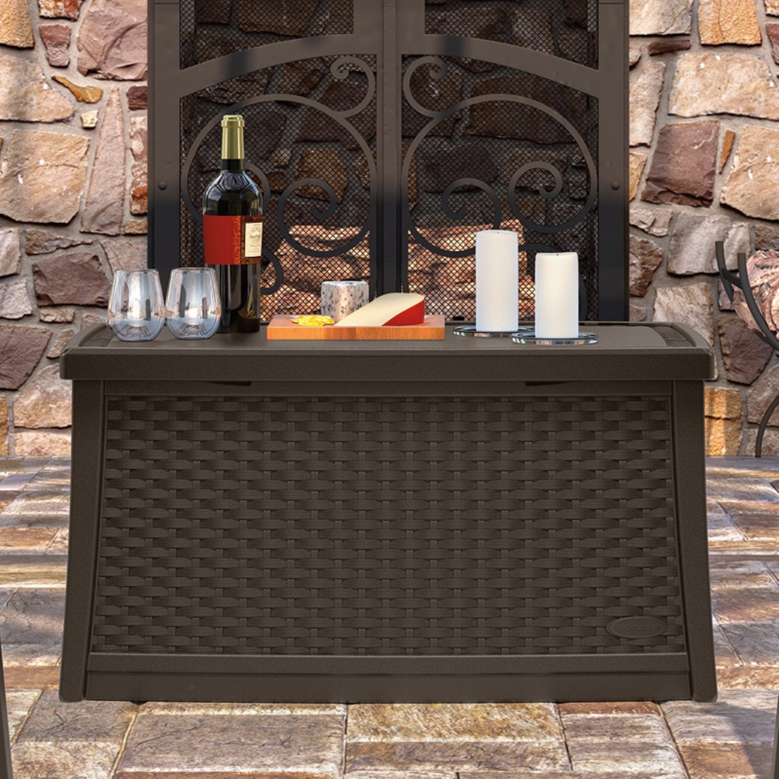 Suncast Elements 30-Gallon Resin Wicker Patio Storage Coffee Table, Java Brown