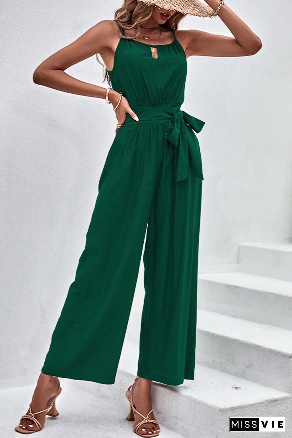 Green Waist Tie Halter Jumpsuit