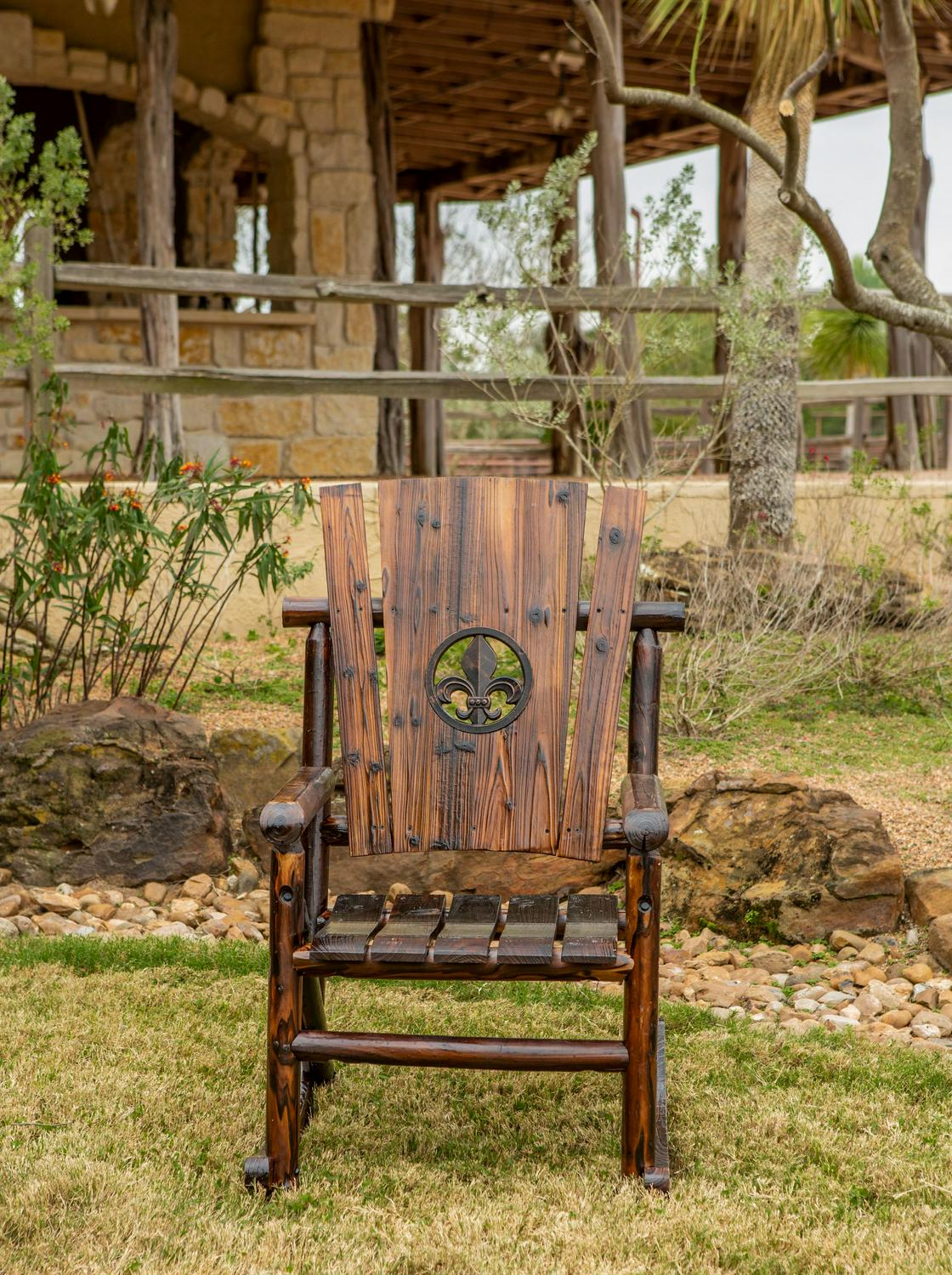 Leigh Country Char-log Outdoor Rocker With Fleur De Lis Medallion Brown