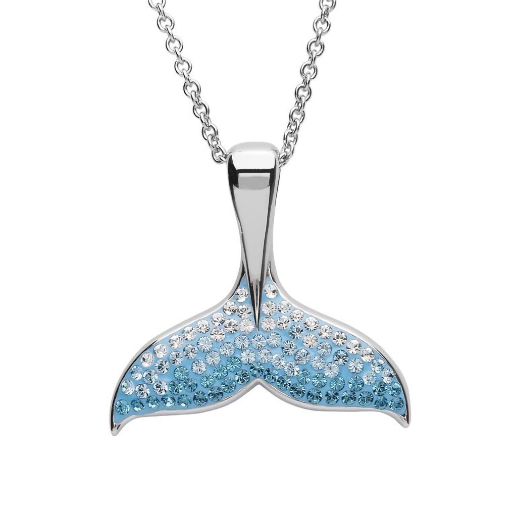 Ocean  Blue Whale Tail Necklace With Crystals - Sterling Silver