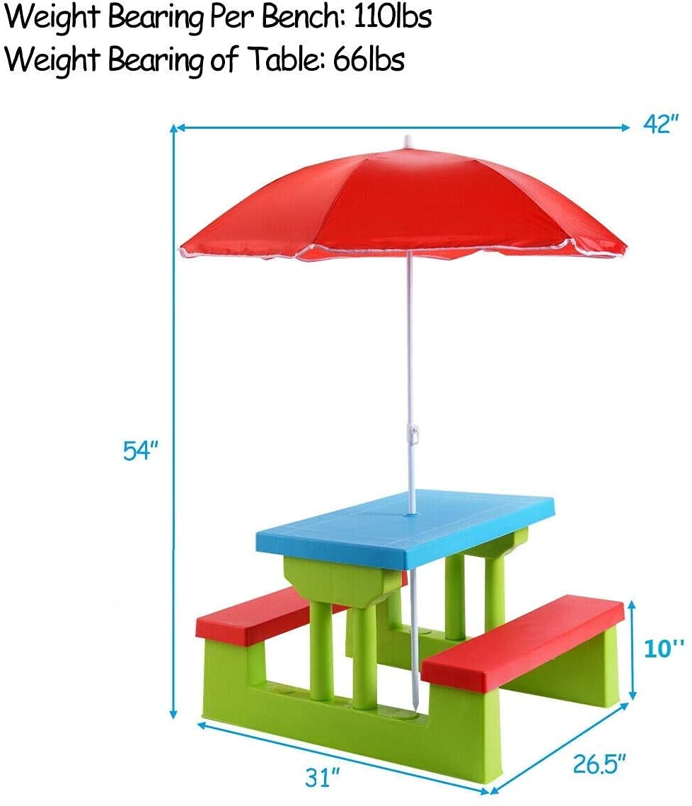 Costzon Kids Picnic Table, Indoor & Outdoor Table and Bench with Removable Umbrella