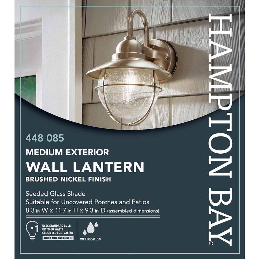 Hampton Bay 1-Light Brushed Nickel Outdoor Cottage Wall Lantern Sconce BOA1691H-BN