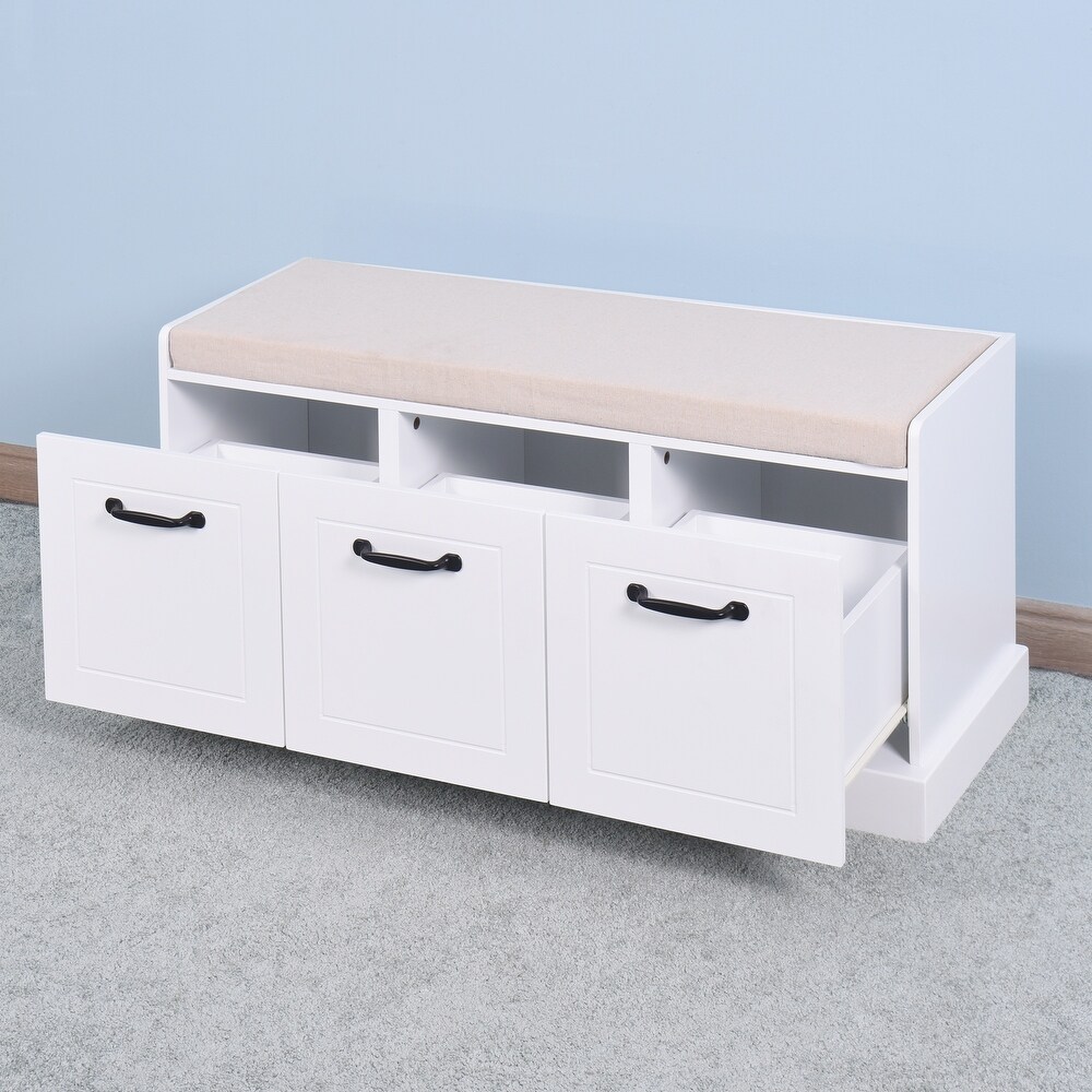 Wooden Entryway Shoe Cabinet Living Room Storage Bench with White Cushion