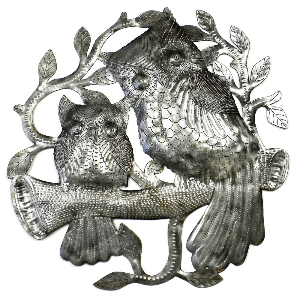 Handmade Pair of Owls on Perch Metal Wall Art (Haiti)