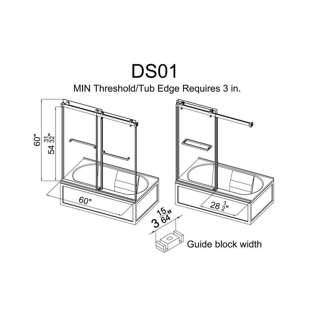 MCOCOD 60 in. W x 60 in. H Double Sliding Frameless Tub Door in Brushed Gold with Smooth Sliding and 38 in.(10 mm) Clear Glass DS01-60x60-BG