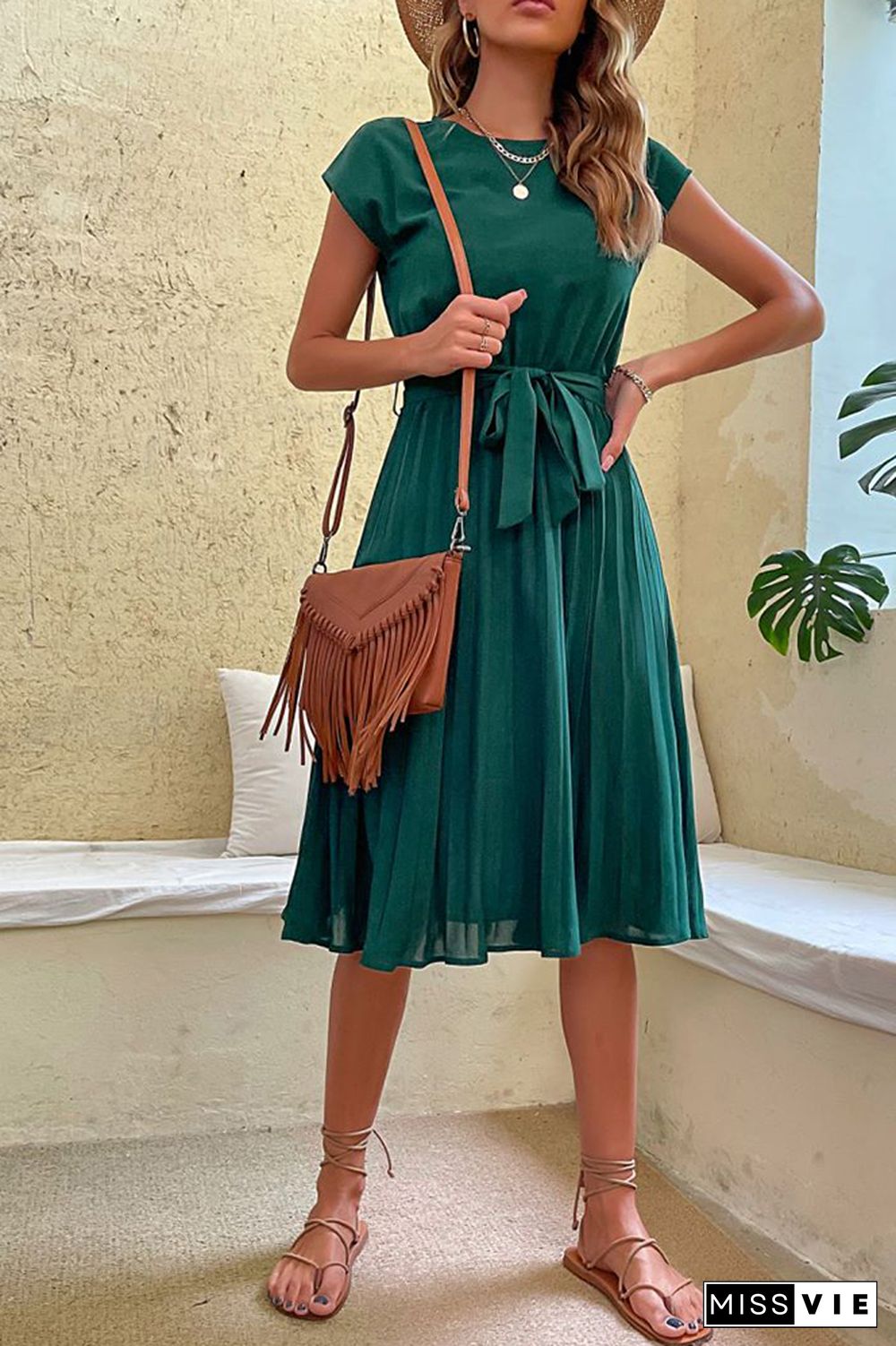 Plain Pleated with Belt Short Sleeves Midi Dress