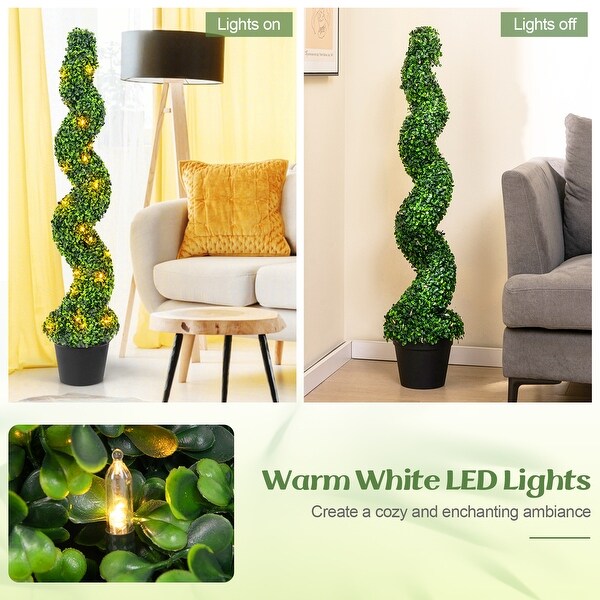 PreLit Artificial Boxwood Spiral Topiary Tree Set of 2 with 100 LED Lights for Indoor Outdoor Decor