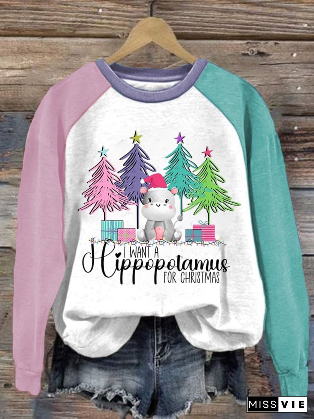 Women's Christmas I Want A Hippopotamus For Christma Casual Printed Sweatshirt